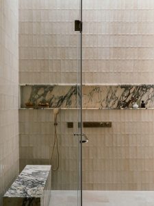 Bathroom tiles, walk-in shower, marble, niche, bench  