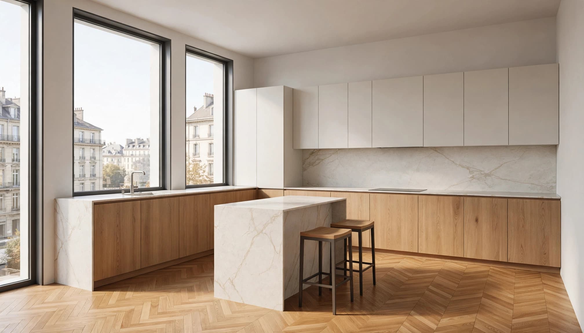 Contemporary kitchen with oak furniture, stone island and parquet flooring.