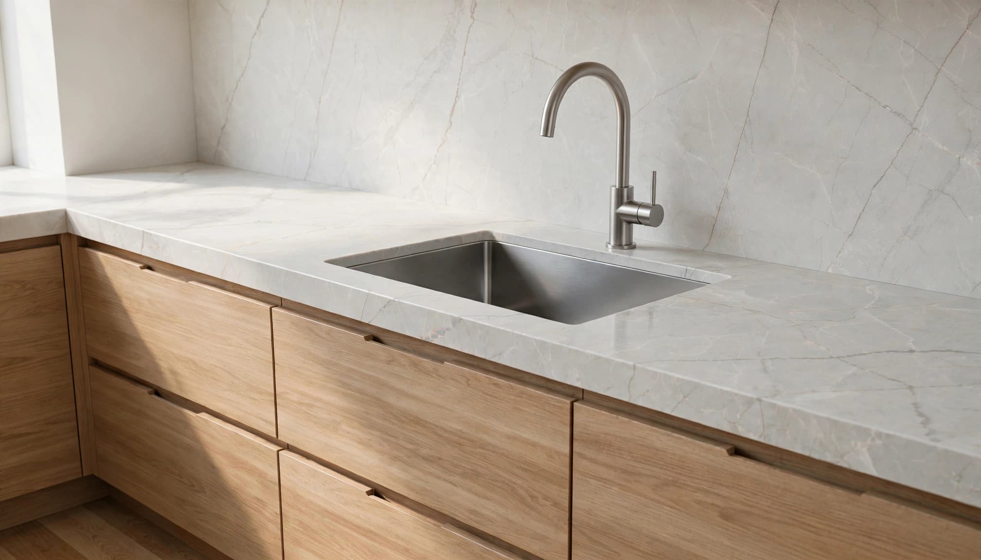Light stone worktop, undermount sink, brushed steel tap and oak drawers.
