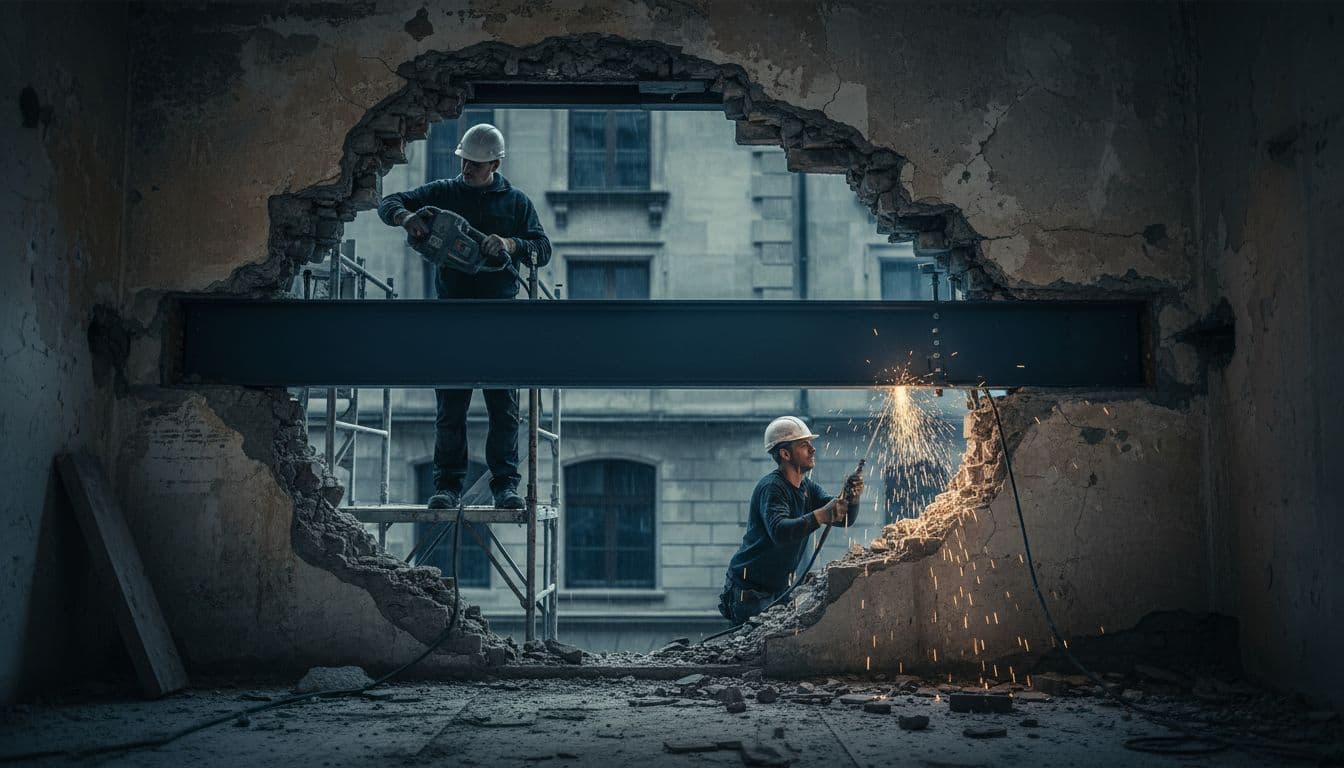 Deux ouvriers casqués fixent une poutre IPN en acier HEA dans une ouverture de mur porteur d'un immeuble ancien à Genève, avec une vue en perspective cinématique, fort contraste, profondeur et éclairage dramatique accentuant la poutre.