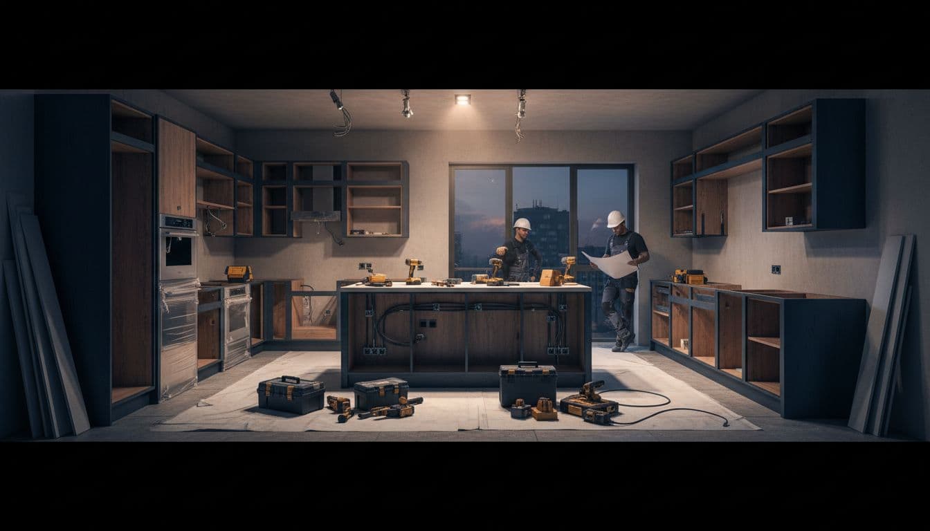 An organized professional kitchen renovation worksite in a modern apartment with clean tools and materials staged, custom cabinet frames installed, neat wiring, and two workers in hard hats in relaxed poses under dramatic cinematic lighting.