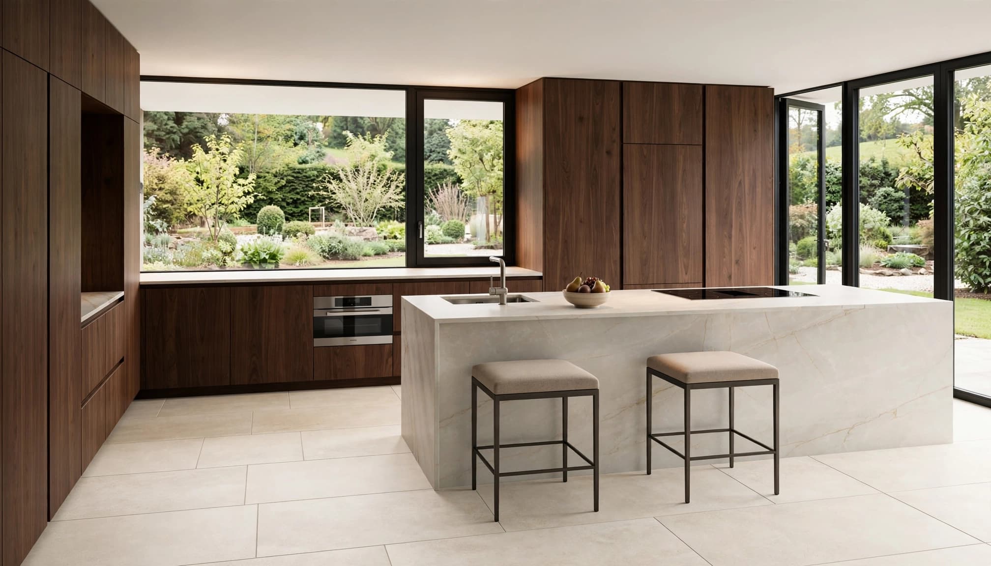 Open kitchen with walnut furniture, light stone island and light tiled floor.