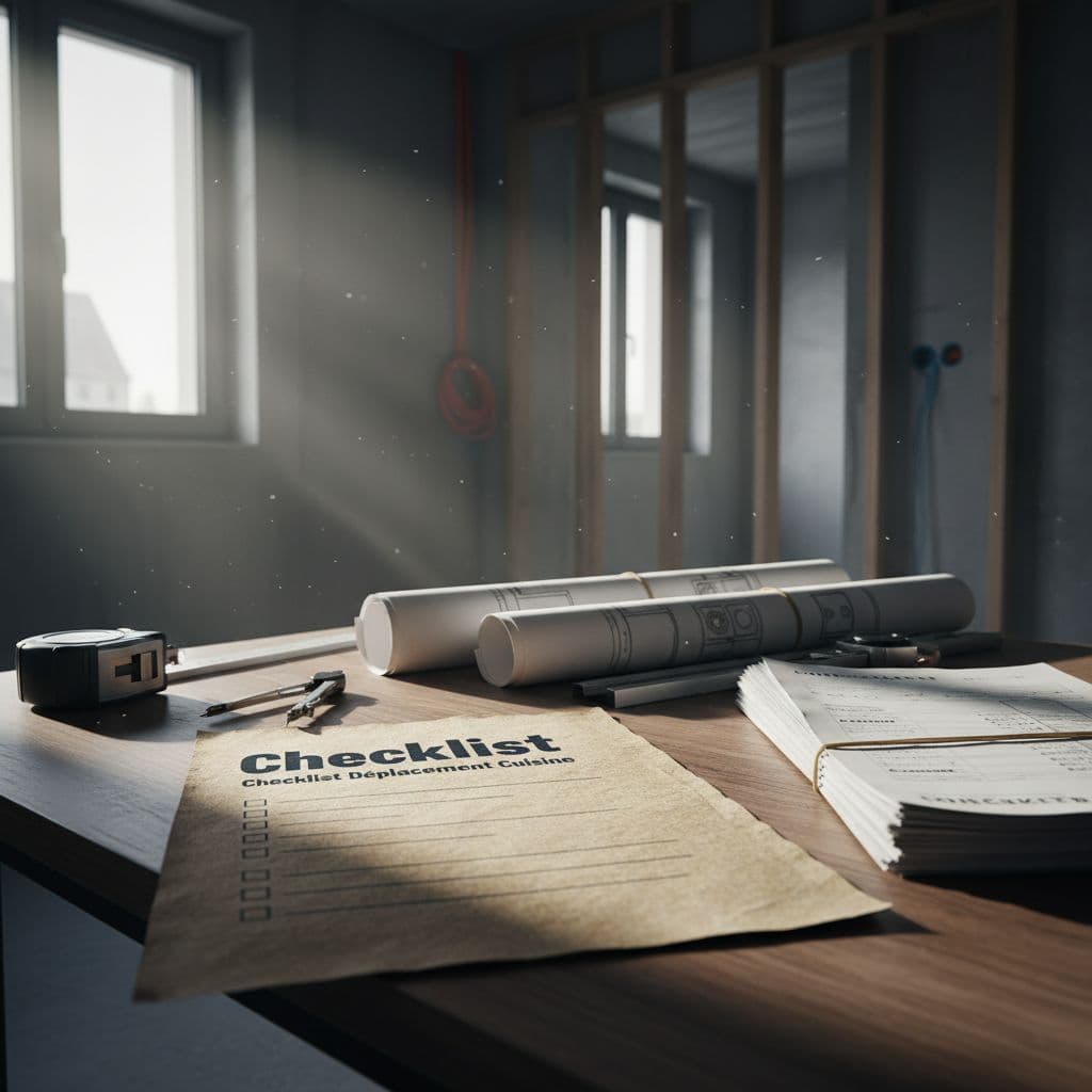 Checklist papier intitulé 'Checklist Déplacement Cuisine' sur une table de bureau de chantier genevois, avec plans de cuisine, outils de mesure et documents administratifs à côté, éclairage naturel dramatique en style cinématique.