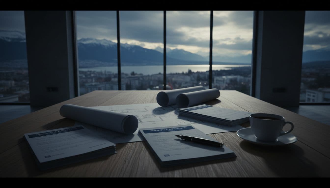 Wooden meeting table for construction site with blueprints, insurance contracts, pen, and coffee cup, overlooking Lake Geneva through window in cinematic style with dramatic lighting and strong contrast.