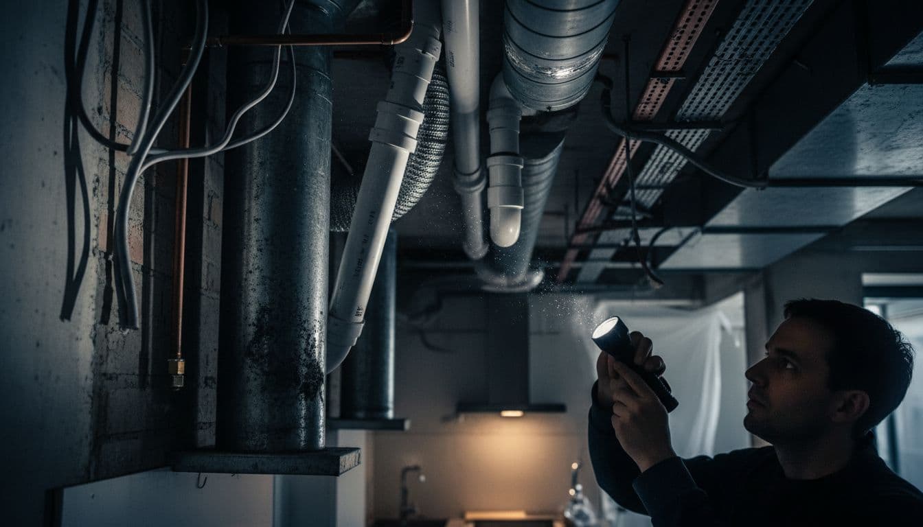 Un technicien inspecte avec une lampe les conduits d'air et tuyaux d'évacuation exposés dans une cuisine d'appartement à Genève. Cadre serré sur détails techniques en style cinématique avec fort contraste et éclairage dramatique.