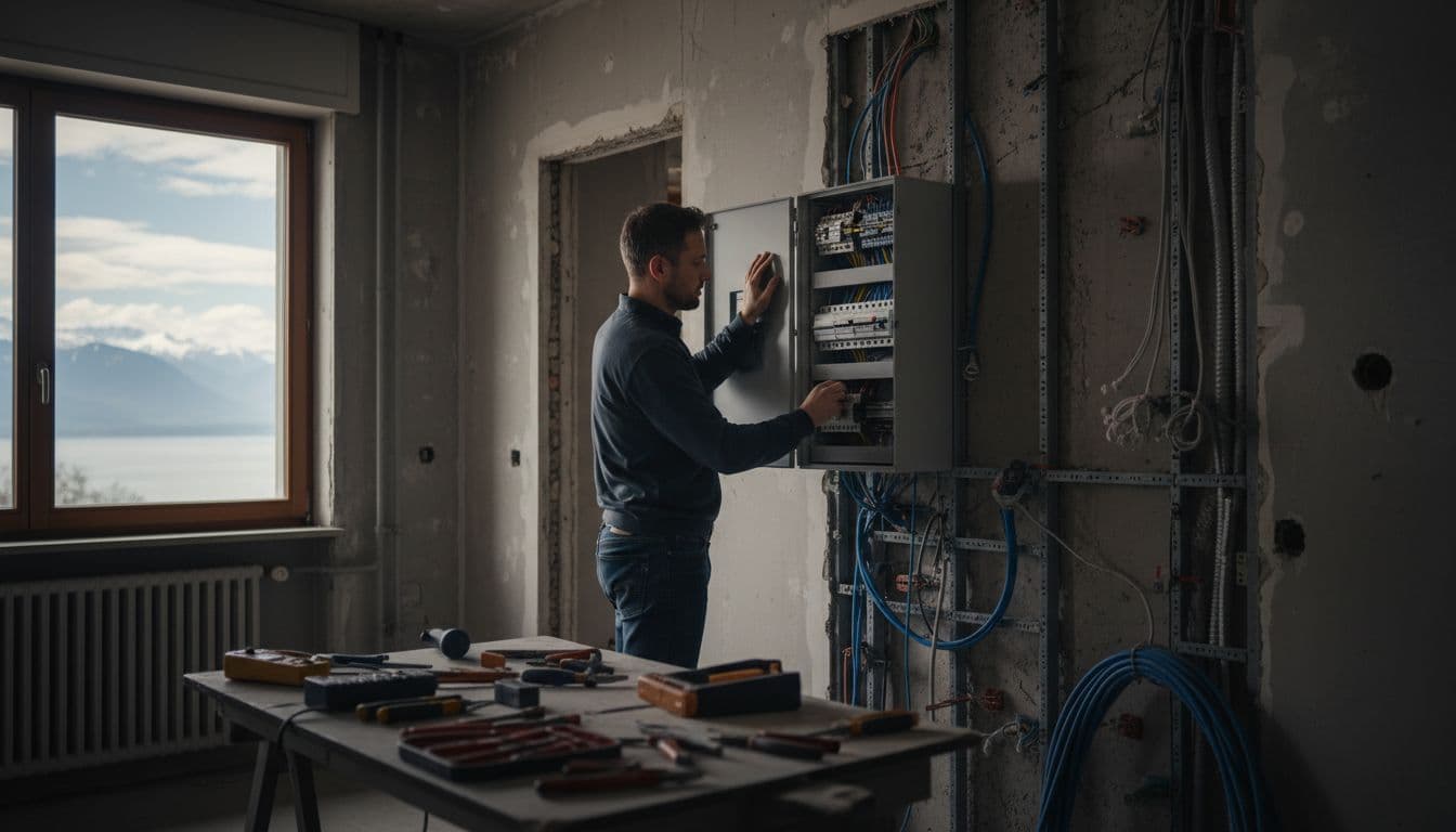Électricien au travail dans un appartement genevois en rénovation, installant un tableau électrique moderne avec disjoncteurs, murs ouverts, outils organisés, lumière naturelle du lac Léman, style cinématique.