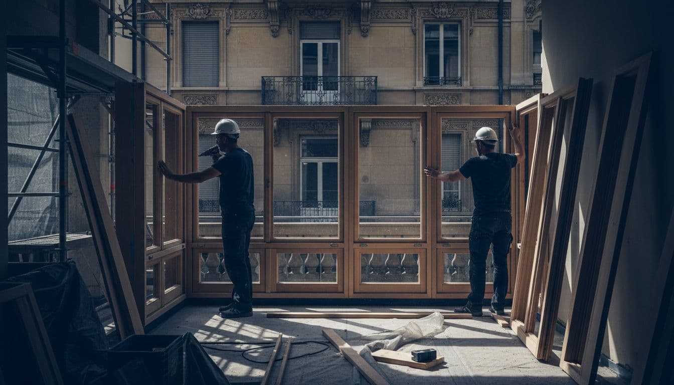 Exterior view of a high-end apartment renovation site in Geneva, featuring two workers installing new joinery on a balcony against an old Swiss building backdrop, in cinematic style with dramatic lighting.