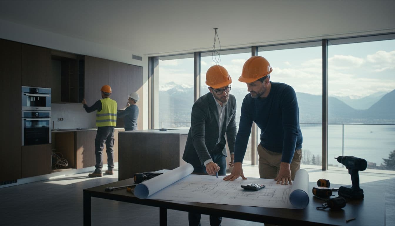 In a luxurious Geneva apartment with natural light from windows overlooking Lake Geneva, an architect and worker review blueprints and calculator on a table during careful kitchen element installation, in cinematic style with dramatic contrast.