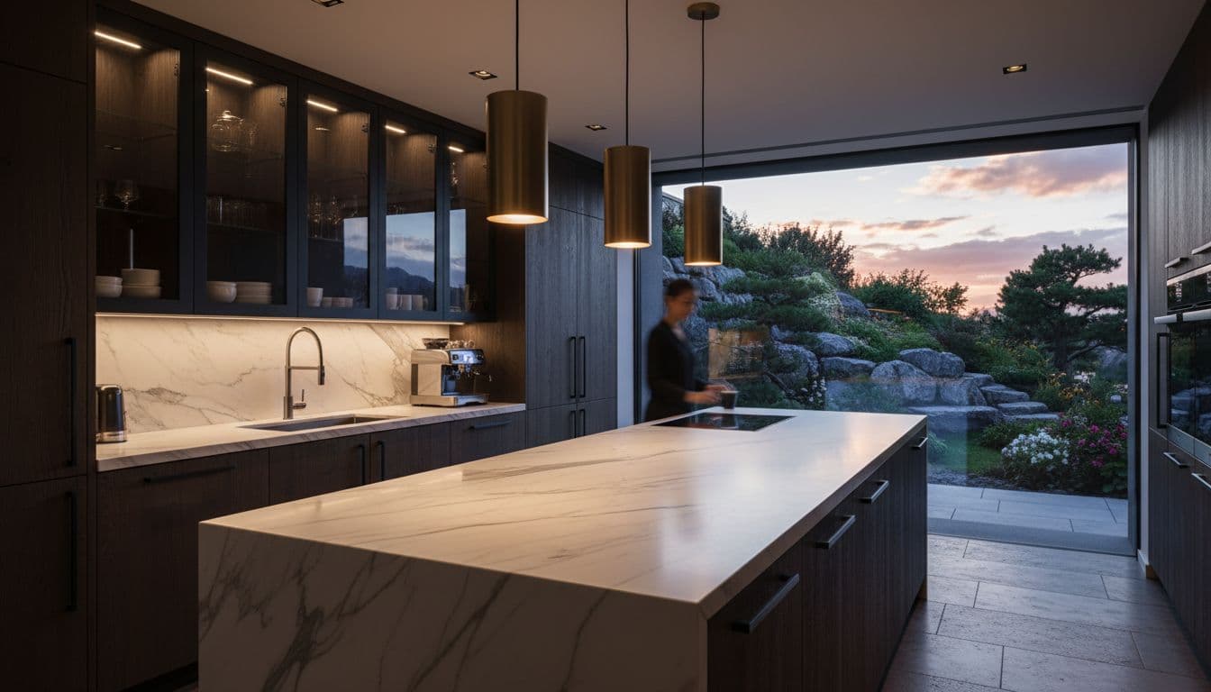 Cuisine moderne rénovée dans une maison genevoise haut de gamme, avec îlot central en marbre, éclairage suspendu et vue sur jardin alpin. Composition large angle cinématique, fort contraste, éclairage dramatique chaleureux, une personne seule en arrière-plan flou préparant un café.