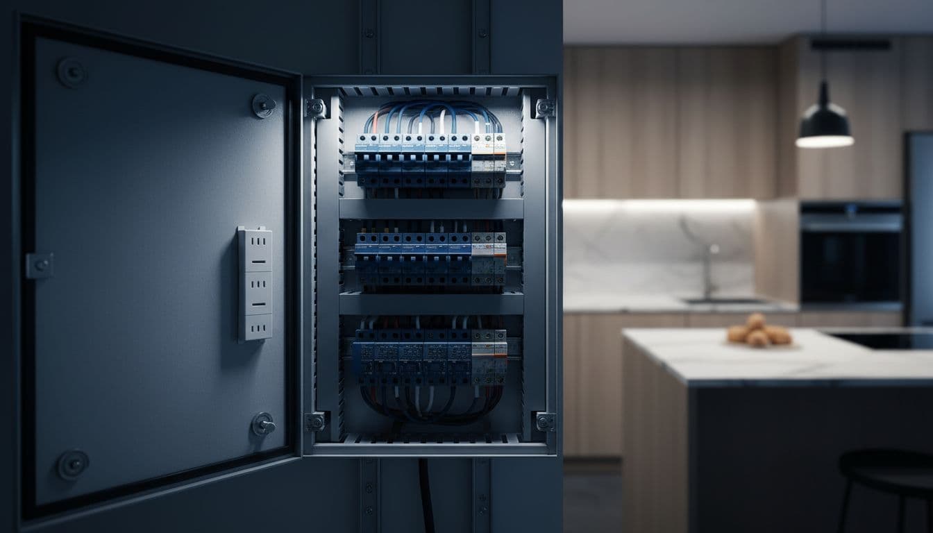 Vue rapprochée d'un tableau électrique conforme aux normes suisses dans un appartement moderne rénové à Genève, montrant disjoncteurs, prises USB intégrées et câblage soigné derrière une porte ouverte, avec fond flou d'une cuisine rénovée. Composition centrée en style cinématique avec fort contraste, profondeur et éclairage dramatique doux.