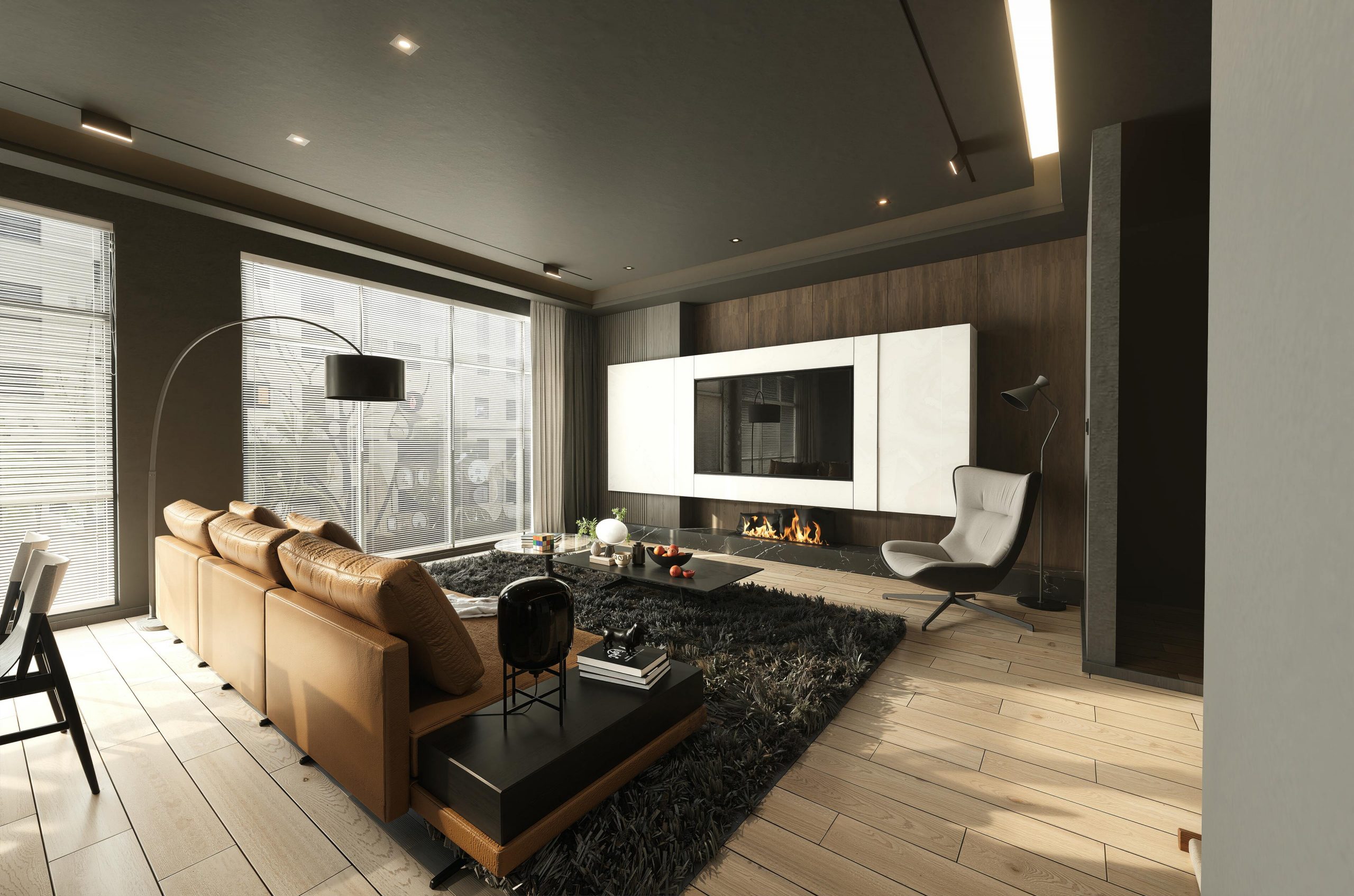 Sleek, modern living room featuring a stylish fireplace, leather sofas, and elegant decor.