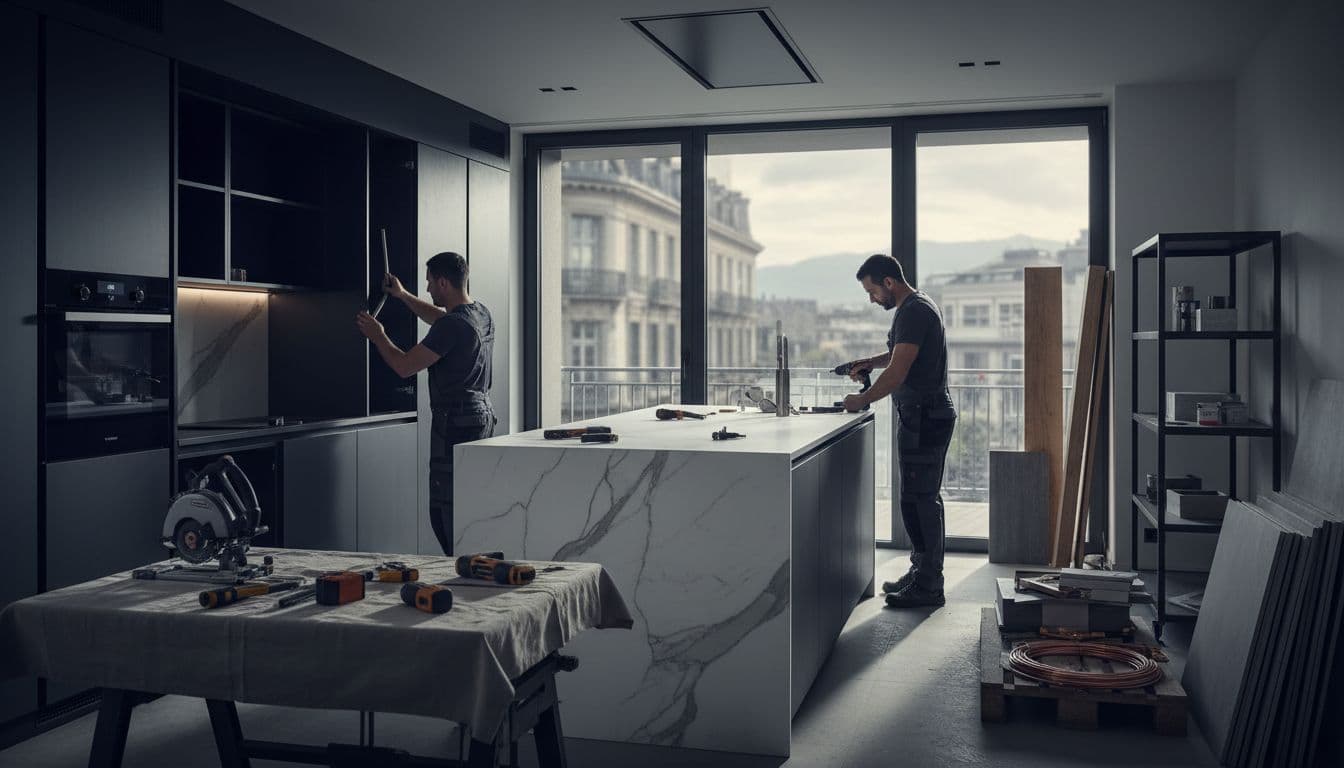 Deux ouvriers installent une cuisine moderne dans un chantier intérieur haut de gamme et ordonné à Genève, éclairé par une grande fenêtre naturelle.
