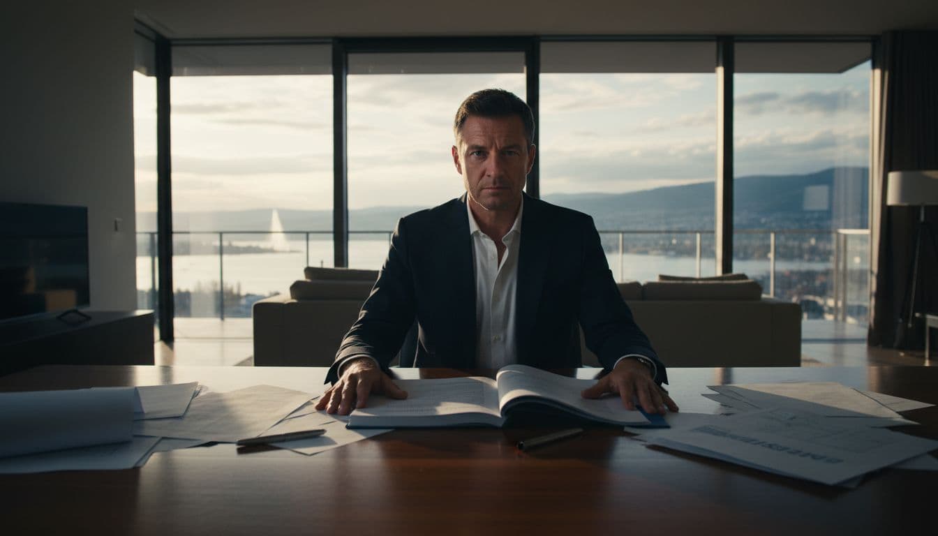 A professional examines a renovation contract on a wooden desk in a modern Geneva apartment, with papers and pen nearby and Lake Léman view through the window. Cinematic style with strong contrast, depth, and dramatic lighting accents.