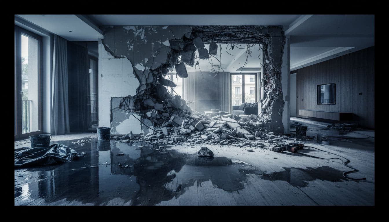Dramatic cinematic view of a modern Geneva apartment renovation site with a collapsed wall surrounded by debris and a water-flooded damaged floor, featuring strong contrast, depth, dark lighting, and blue accents on wet elements, no people present.