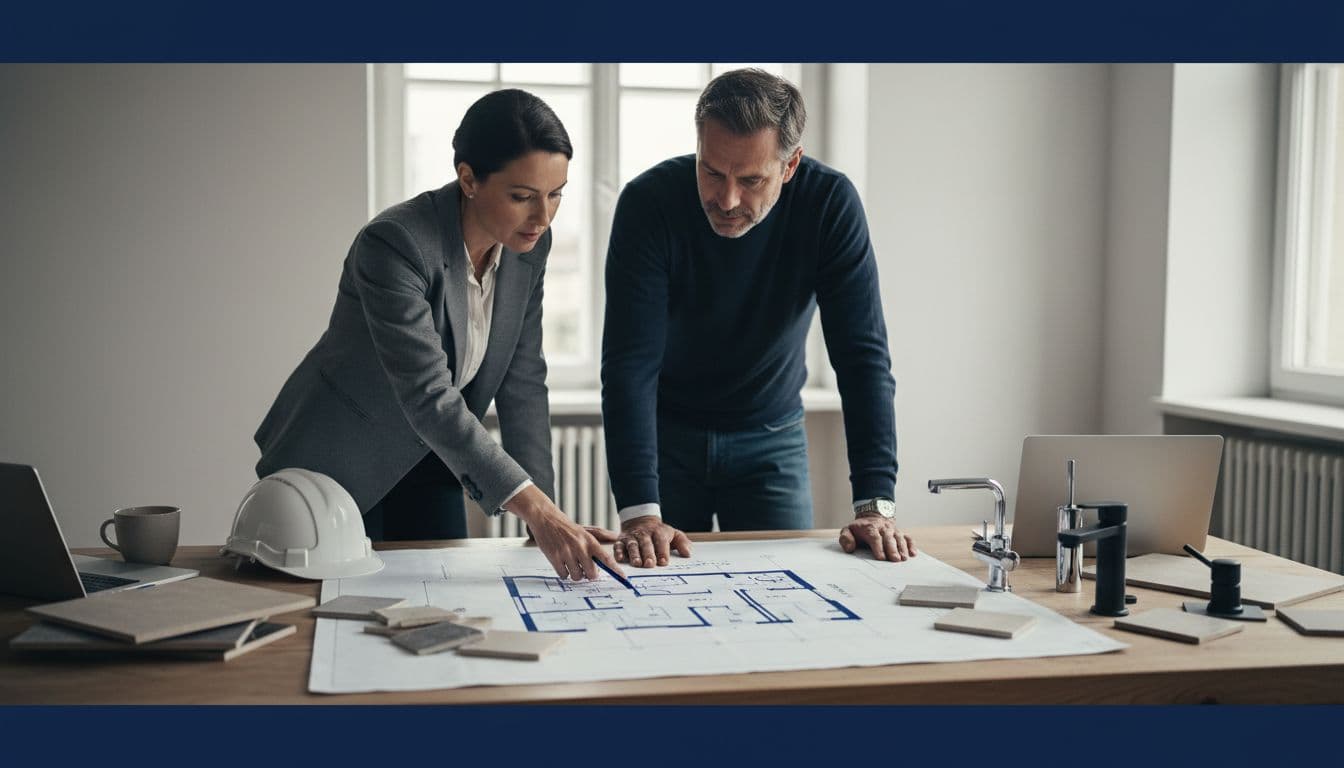 Architect and construction foreman examine apartment renovation plans on wooden table in bright office with tile samples and faucets.