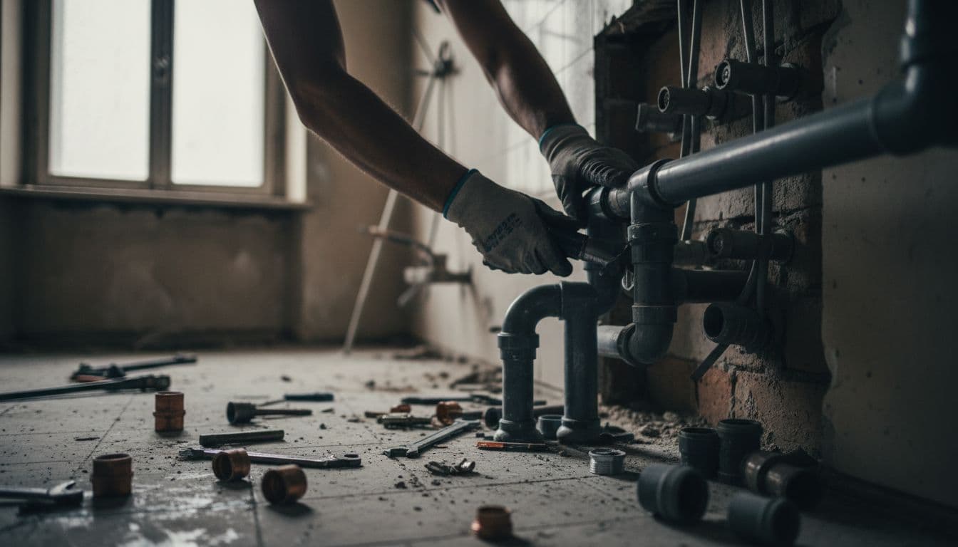 Plumber repairs drain pipes in renovating bathroom with exposed walls, tools on tiled floor.
