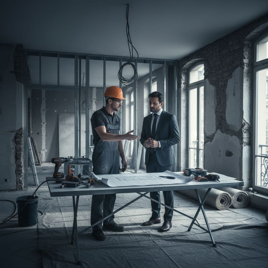 Un homme en tenue de travail discute de plans de rénovation avec un client sur un chantier genevois.