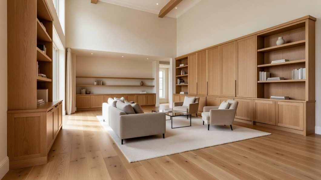 A bright, high-ceilinged luxury living room with oak flooring and custom wood cabinetry.