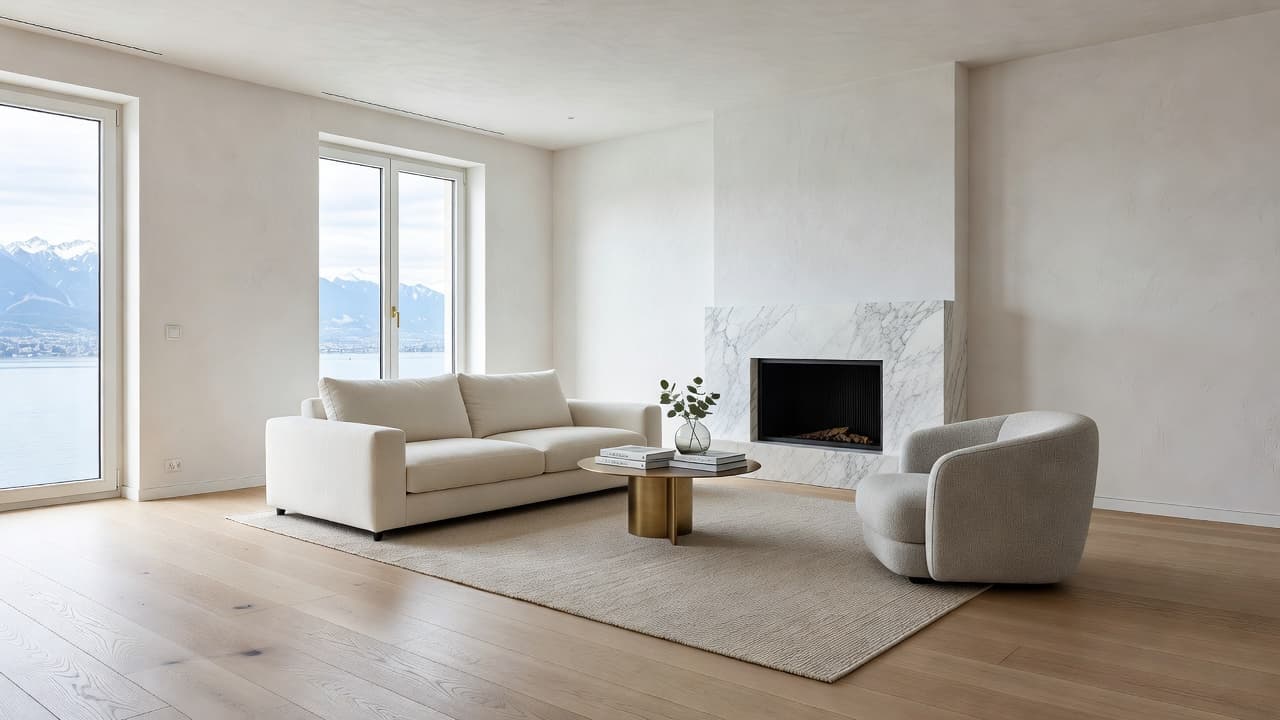 Un vaste séjour minimaliste dévoile un sol en chêne naturel et des murs en chaux blanche. La lumière du jour illumine une cheminée en marbre raffinée placée près de grandes baies vitrées.