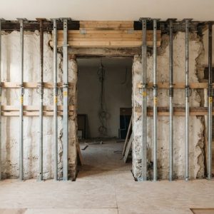 An opening in a load-bearing wall is supported by metal props in an elegant apartment.