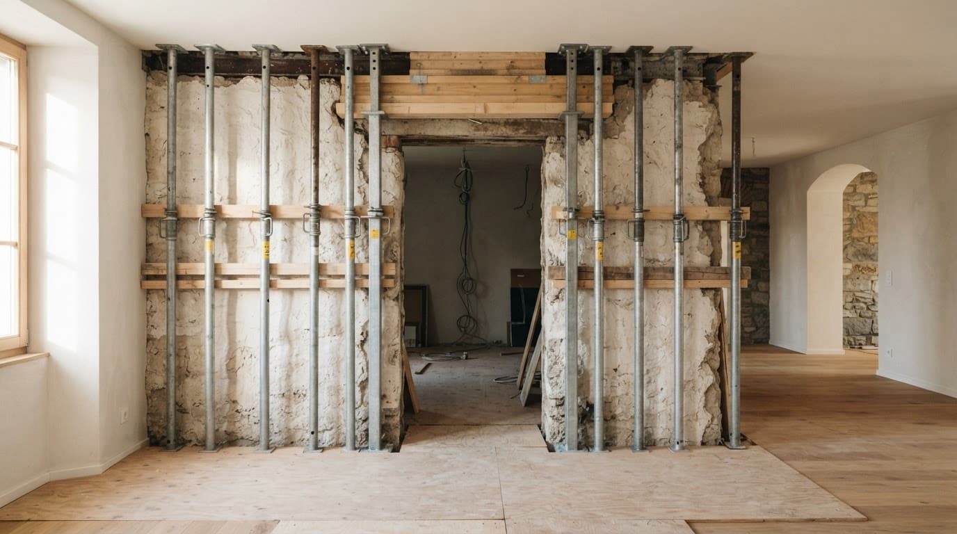 An opening is supported by metal props in an elegant apartment.
