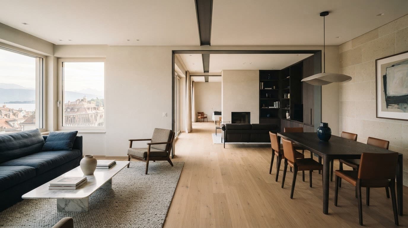 An open-plan living room leading into the dining room, with oak parquet flooring and a metal beam on the ceiling.