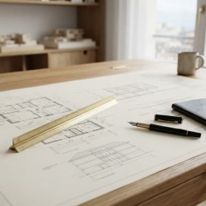 Table en bois avec plans, règle en laiton et stylo plume.