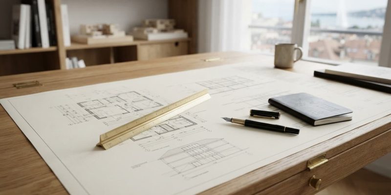 Table en bois avec plans, règle en laiton et stylo plume.