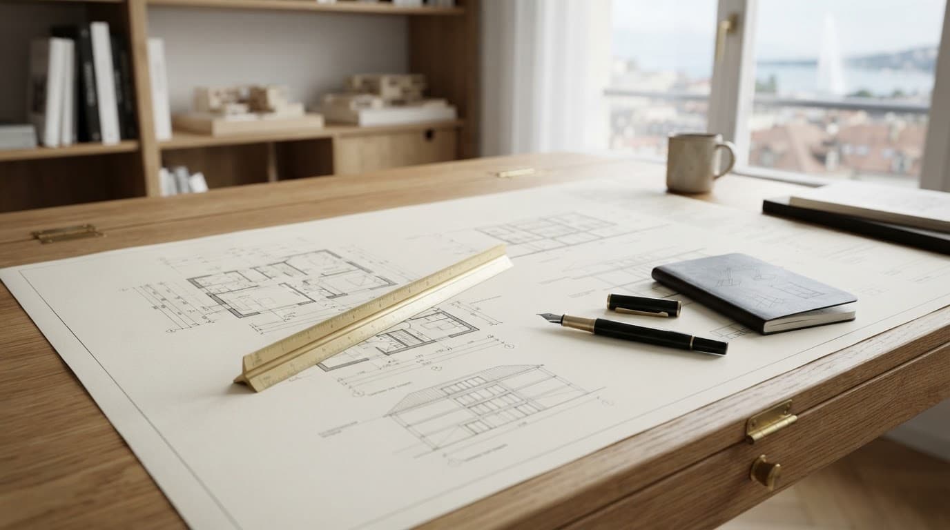 Table en bois avec plans, règle en laiton et stylo plume.
