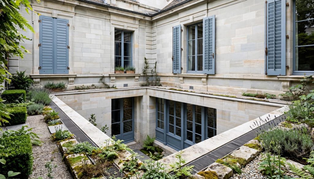 Une fenêtre de sous-sol agrandie donne sur une cour anglaise bordée de pierre et de plantations.