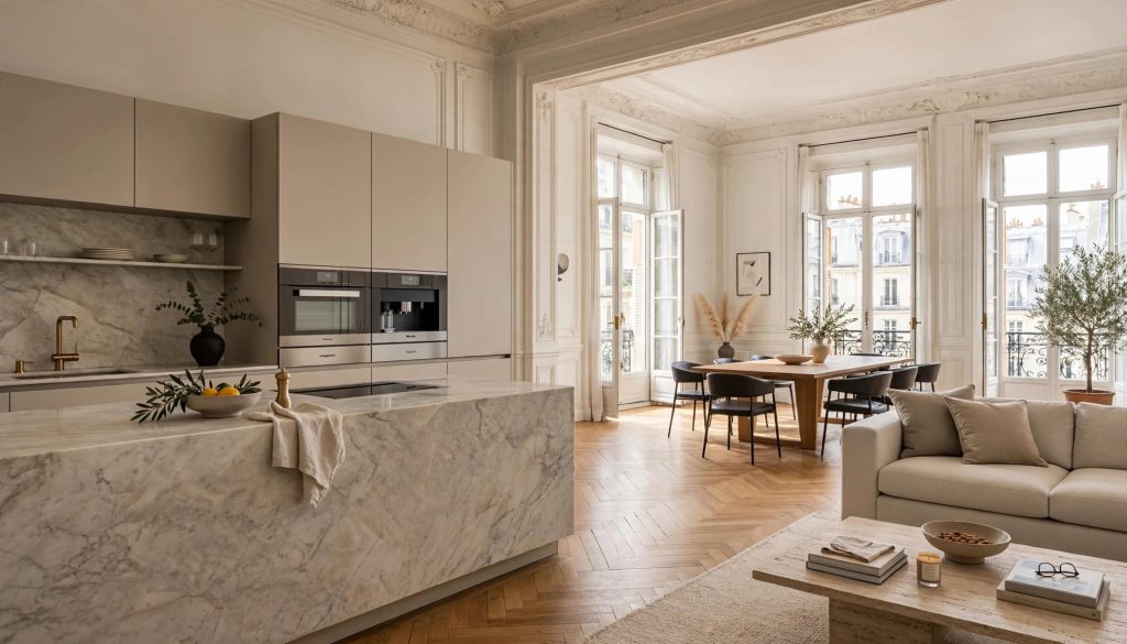 A marble kitchen opens onto a modern living area over herringbone wood floors.