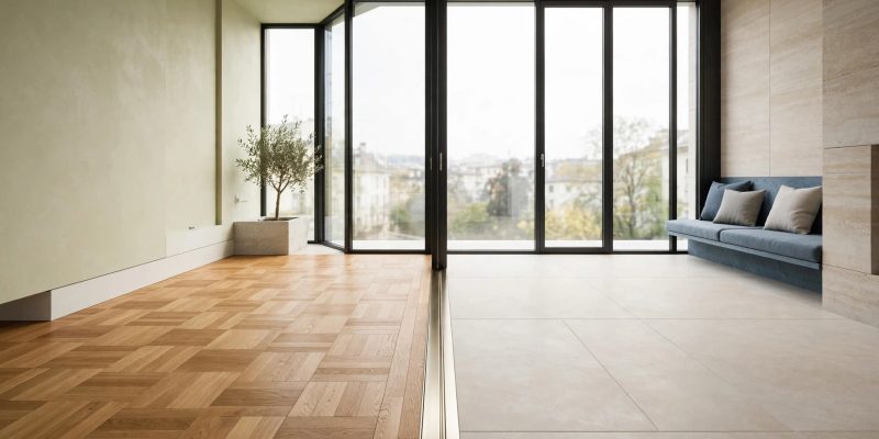 Parquet en chêne et carrelage clair se rejoignent près d’une grande baie vitrée.