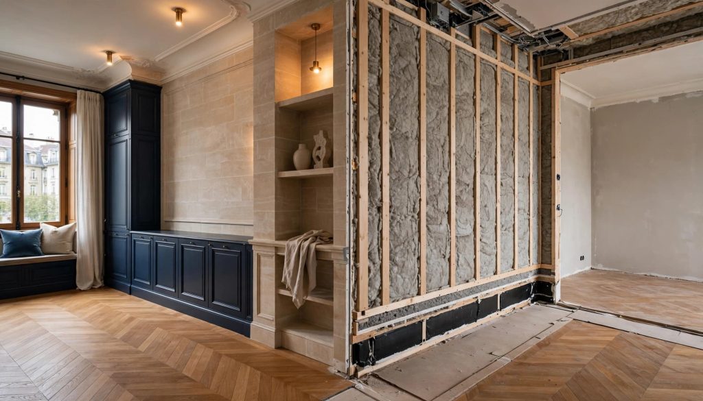 Un intérieur genevois montre une paroi acoustique entre une pièce finie et une zone en rénovation.