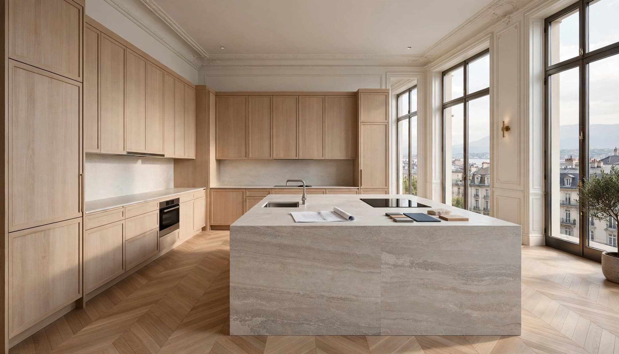 Light oak kitchen with stone island and herringbone floor.