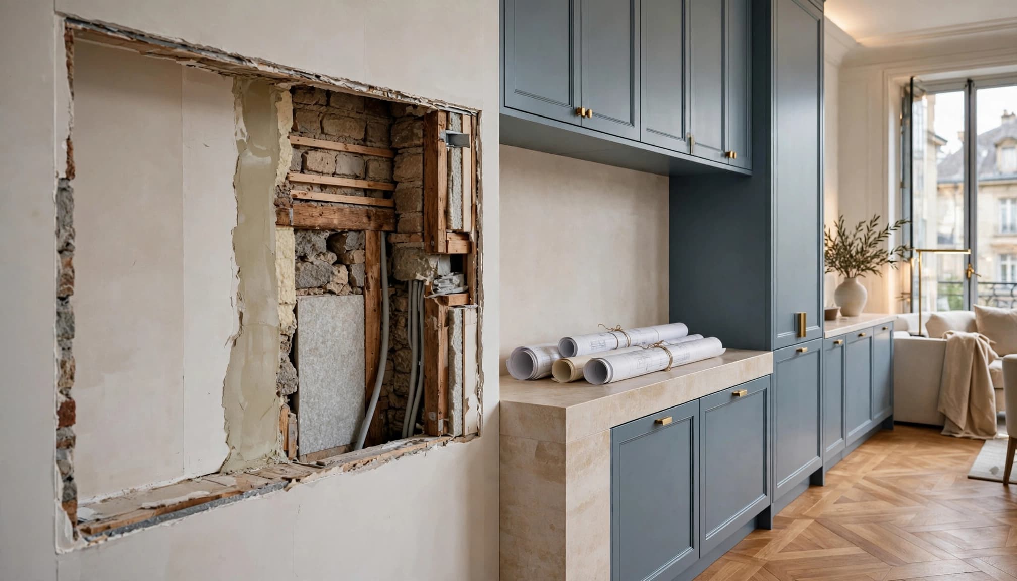 An opening in a wall near a stone console and rolled-up plans.
